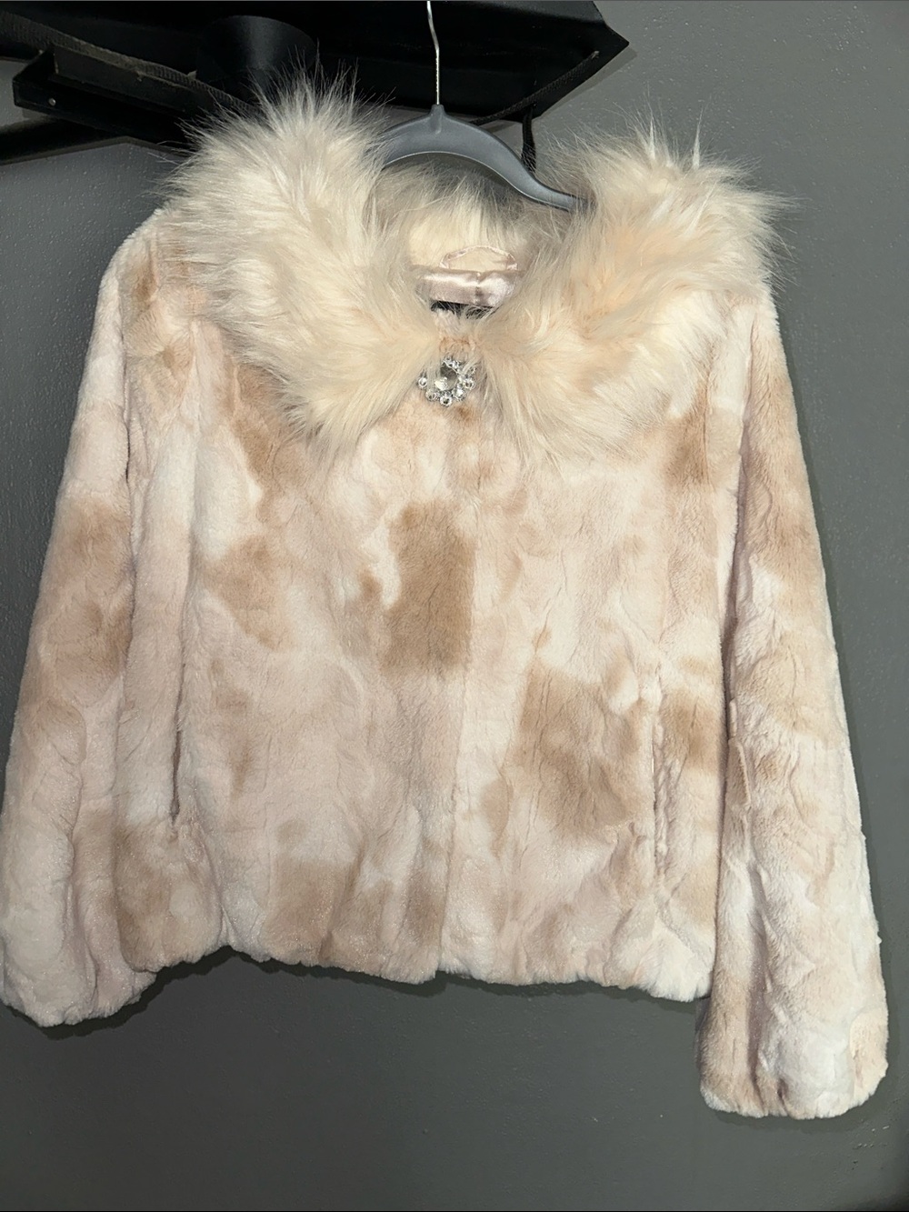 Women's Plush Faux Fur Teddy Jacket with Decorative Brooch - Cream/Tan